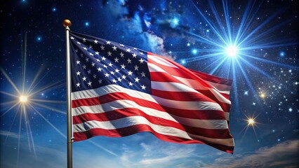 Vibrant American flag waving proudly against a backdrop of twinkling stars on a dark blue night sky, symbolizing patriotism and freedom.