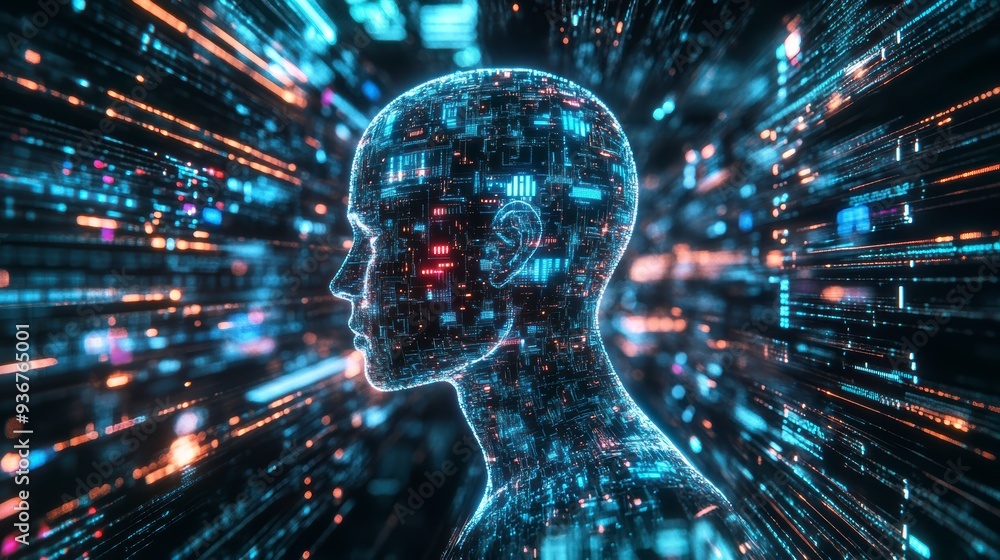 Poster a holographic ai face surrounded by vibrant data streams, symbolizing the power of ai in technology 