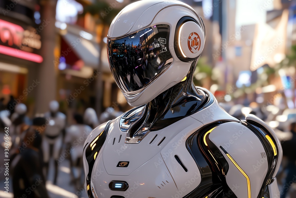 Poster A futuristic robot stands in an urban setting, showcasing advanced technology and design, symbolizing the future of artificial intelligence.