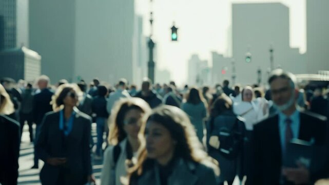 Busy city crowd crossing a bustling intersection during morning rush hour in downtown