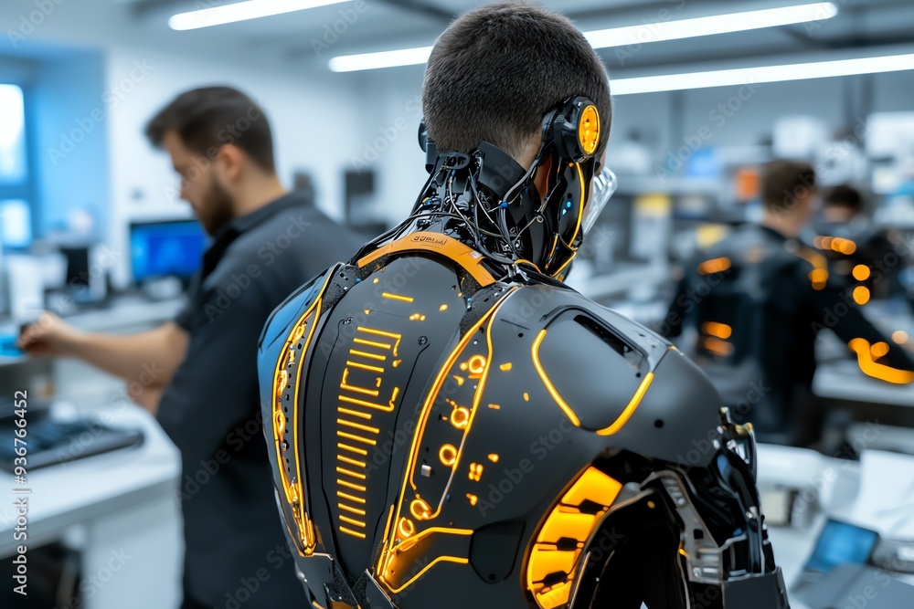 Aufkleber a futuristic robot with illuminated circuitry, showcasing advanced technology in a modern workspace 