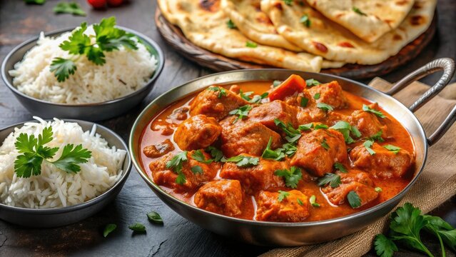 Vibrant and aromatic Indian dish, Chicken Tikka Masala, served over basmati rice, garnished with fresh cilantro and a side of naan bread.