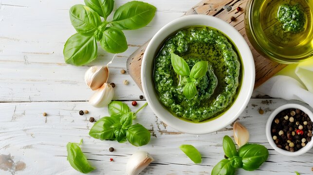 Bowl of pesto ingredients basil, garlic, peppercorns, olive oil. Suitable for food blogs, recipes, Italian cuisine concepts.
