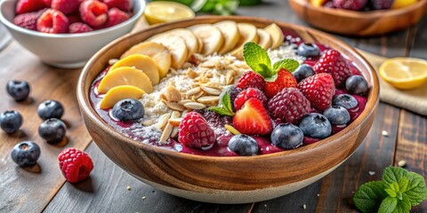 Vibrant and nutritious acai bowl overflowing with sliced banana, mixed berries, fresh fruit, and toasted coconut flakes, topped with a drizzle of creamy peanut butter.