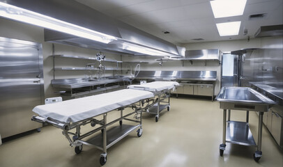 Two gurneys sit in a large, stainless steel kitchen