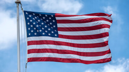 Vibrant American Flag Waving Proudly Against a Clear Blue Sky