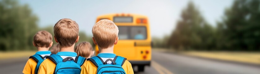 Children with backpacks waiting for a school bus in a sunny environment, ready for a day of learning and adventure.