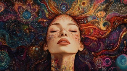 A mandala art piece showcasing a woman with warm-colored hair, crisp lines, and a well-composed, low-detail psychedelic design