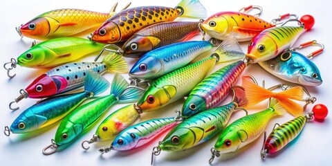 Vibrant assortment of silicone fishing lures with weighty plummets attached, featuring bright colors, intricate details, and realistic textures, ready for an underwater adventure.