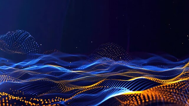 Dynamic wave patterns in blue and orange colors create a vibrant digital landscape full of energy and motion.
