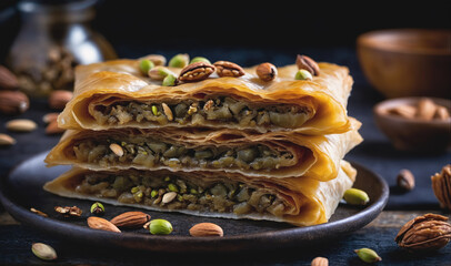 A stack of baklava sits on a black plate