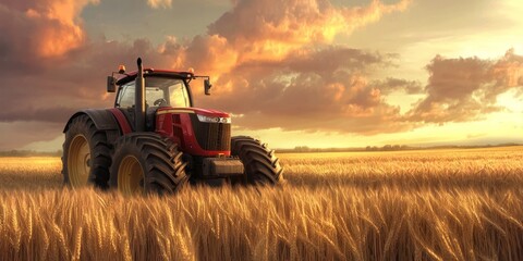 A dramatic scene featuring a red tractor in a golden wheat field during sunset, capturing the essence of agriculture and harvest time.