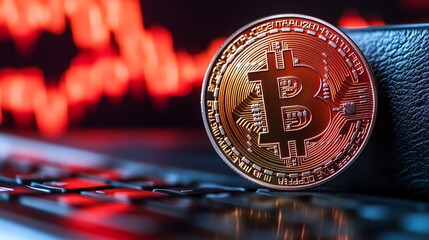 A close-up view of a Bitcoin coin resting on a keyboard, with fluctuating price graphs in the background, representing cryptocurrency trading.