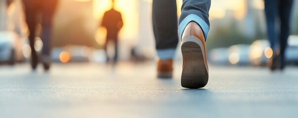 A close-up view of a person walking on a city street during sunset, capturing the essence of urban life and movement.