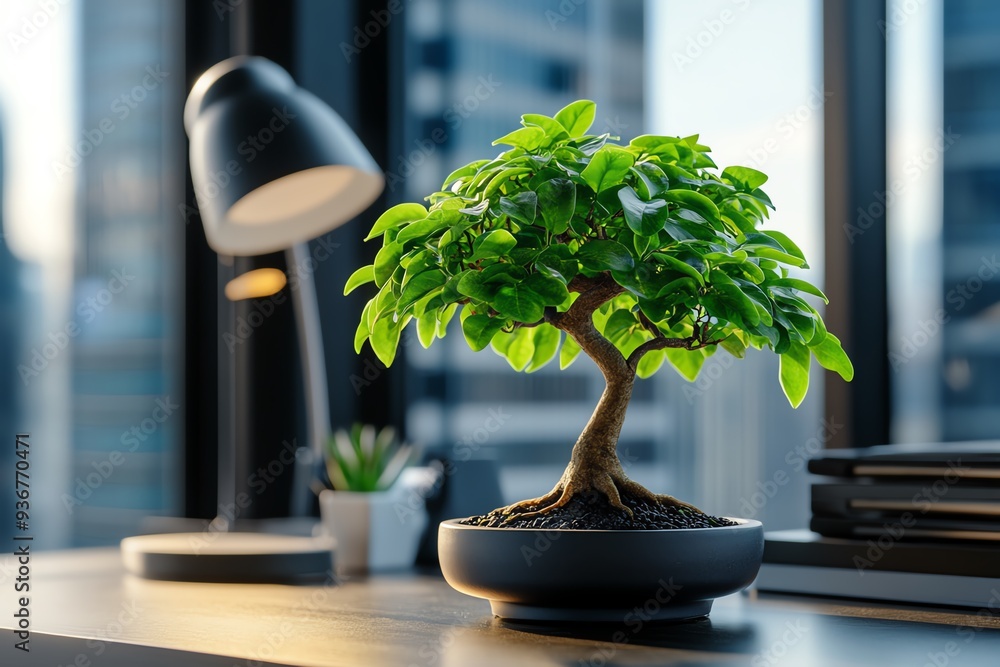 Aufkleber A lush bonsai tree in a modern office setting, bringing a touch of nature and tranquility to the workspace.