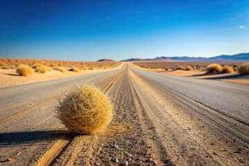 Tumbleweed rolling across a deserted road in an arid landscape, dusty, motion, wind, natural, plant, deserted, isolated, horizon, nature, remote, sunny, arid, day, movement,tumbleweed