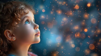 A young girl with curly hair in a pink dress, looking up and to the left, surrounded by a soft-focus background, capturing a lovely and adorable childhood moment.