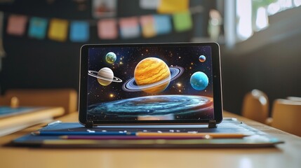 Tablet on classroom desk displays an augmented reality hologram with planets and cosmos, illustrating the use of AR technology for engaging and interactive learning experiences.