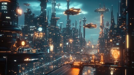 A futuristic cityscape at night with glowing buildings, flying cars, and advanced technology integrated into daily life