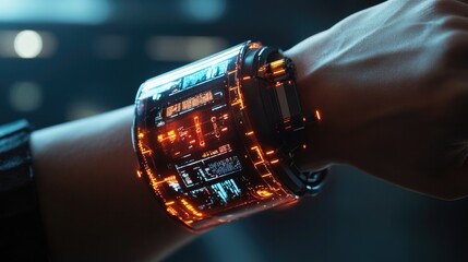 A futuristic wearable device with holographic display and advanced functionalities, worn on a person's wrist