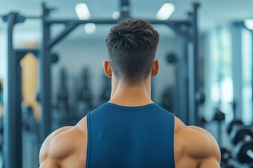 A muscular man in a gym, focusing on his workout with determination and strength, capturing the essence of fitness and dedication.