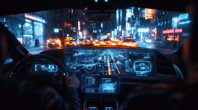 A holographic interface in a car displaying navigation, weather, and communication options
