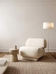 Modern minimalist living room with a textured beige armchair, brass floor lamp and elegant side table, 3d rendering