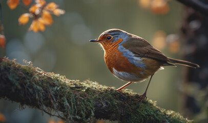 A European robin perches on a moss-covered branch, its bright orange breast and blue-grey wings contrasting with the muted greens and browns of the forest