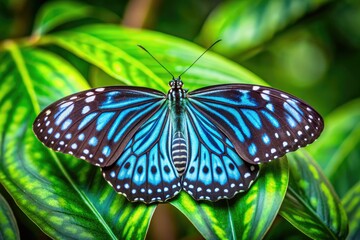 Fototapeta premium Vibrant blue tiger butterfly, Tirumala limniace, spreads delicate wings, showcasing intricate patterns and striking blue coloration, perched on a lush green leaf in a tropical habitat.