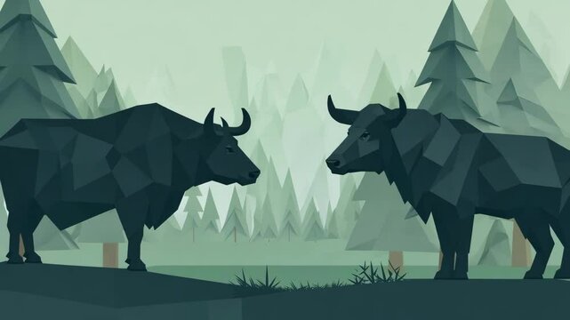 Digital bull encounter in an abstract forest setting with geometric shapes