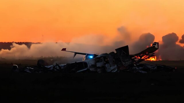 Dramatic aftermath of a plane crash at sunset with smoke rising from the wreckage