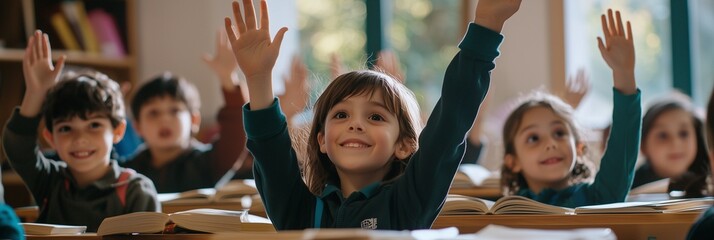 Children smiling and raising their hands in class, seated at desks with books open on the desks. The scene captures happy students engaged during school learning or creative activity