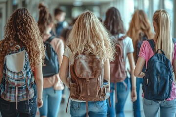 group of young women and men walking in the hallway at school, wearing backpacks on their backs, with some girls' long, curly hair visible from behind them. 