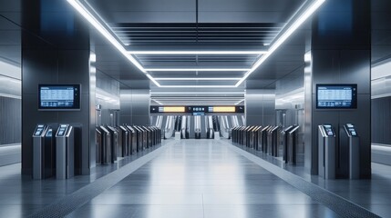 A modern subway station with automated ticket gates, digital displays, and high-speed trains