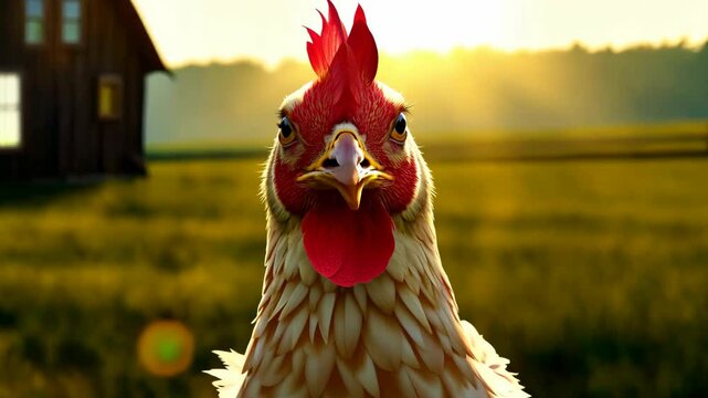 A majestic rooster crowing at sunrise near a rustic farmhouse in the countryside