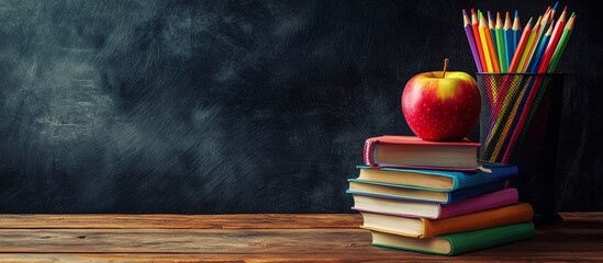Photo of a stack of books an apple and colorful pencils in front of a chalkboard background on a wooden desk.
