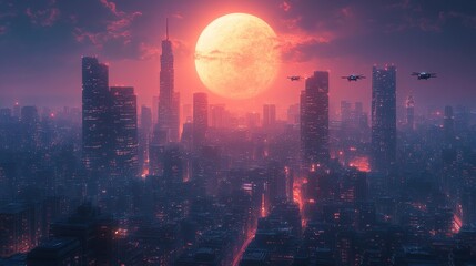 Futuristic Cityscape at Sunset - Generative AI
