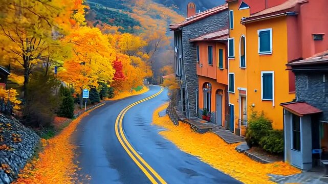 Explore the scenic winding road surrounded by vibrant autumn foliage in a quiet countryside