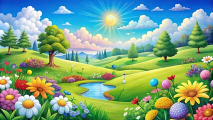 Vibrant cartoon golf course with lush green grass, colorful flowers, and a few puffy clouds, all set against a bright blue sunny sky.