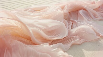 A flowing light pink silk dress rests gracefully on a sandy background, its delicate fabric softly undulating. The scene exudes tranquility and elegance under bright daylight