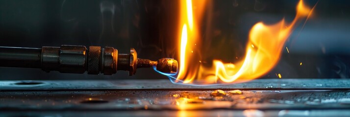 Close-up of a flame torch performing a flame resistance test on a material, highlighting fire safety and durability.