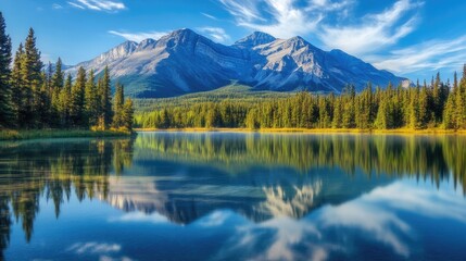 Naklejka premium Beautiful mountain with a large, peaceful lake in front, clear reflection on water