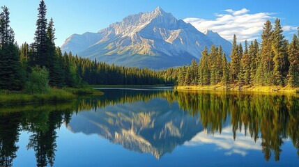 Beautiful mountain with a large, peaceful lake in front, clear reflection on water