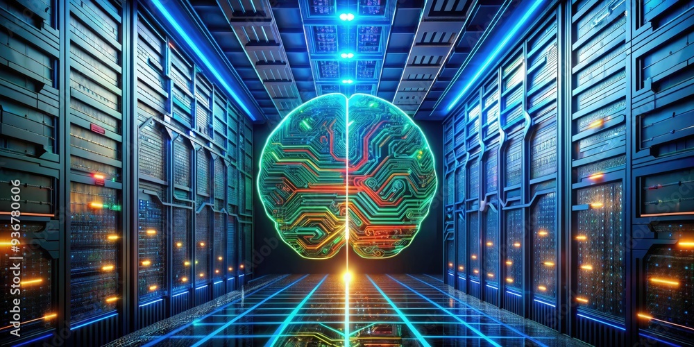 Poster vibrant circuit board pattern encircles a brain, hovering above a server room, symbolizing the inter
