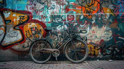 Bicycle Parked Against Colorful Graffiti Wall
