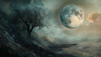 Fototapeta premium Mystical Landscape with a Giant Moon