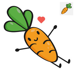 Flat vector illustration of a carrot on a white background. A happy carrot with a heart.