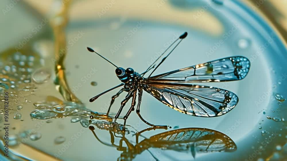 Poster close-up of a delicate insect resting on water's surface at dusk generative ai