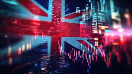 Digital Financial Market with UK Flag Overlay and Stock Market Data in the Background