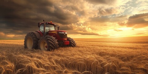 Fototapeta premium Golden wheat field at sunset with a red tractor, symbolizing the harvest season and the dedication of farmers